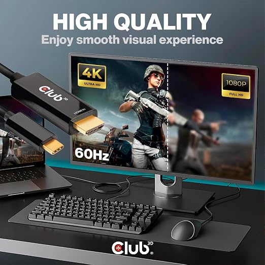 Club 3D 4K 60Hz HDMI to USB Type C Video Cable HDMI 2.0 (Male) to USB Type C (Male) Active Monitor Converter 1.8m/6 Feet CAC-1334