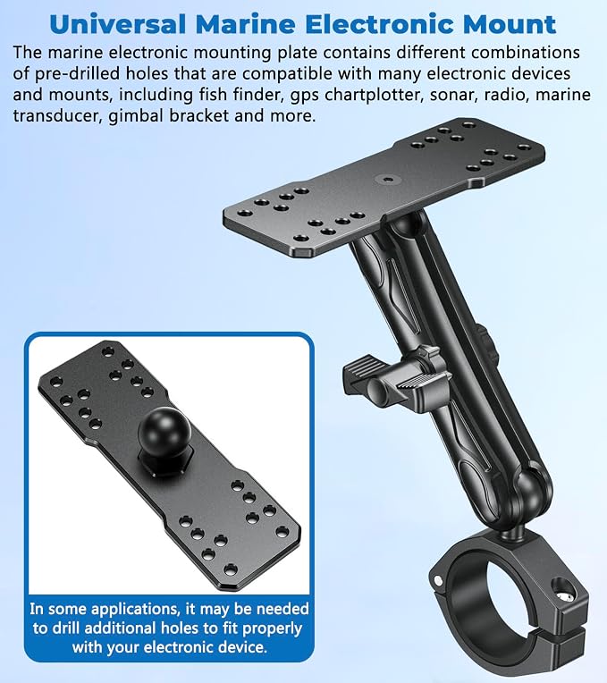 VAZESWIN Aluminum Alloy 1" Ball Fish Finder Mount, 5.9" Long Arm Marine Electronic Mount with Bar Clamp Base, Fit 1.5" 1.65" 1.75" 1.85" 2" Round Rail, for Garmin, Lowrance, Humminbird, Raymarine