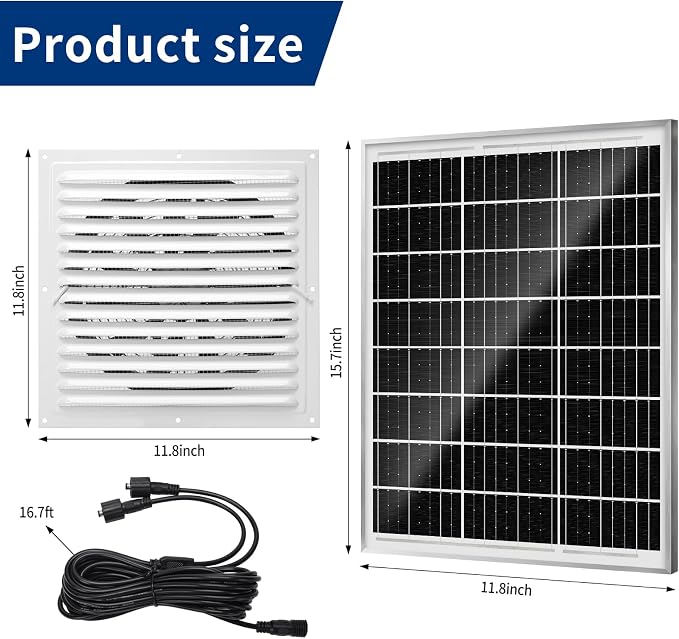Solar Attic Fan Kit, 2pcs 20W Solar Panels + 25W DC Fan (Up to 1200RPM), Plug and Play, for Attic, Roof Vent, Greenhouse or Chicken Coop