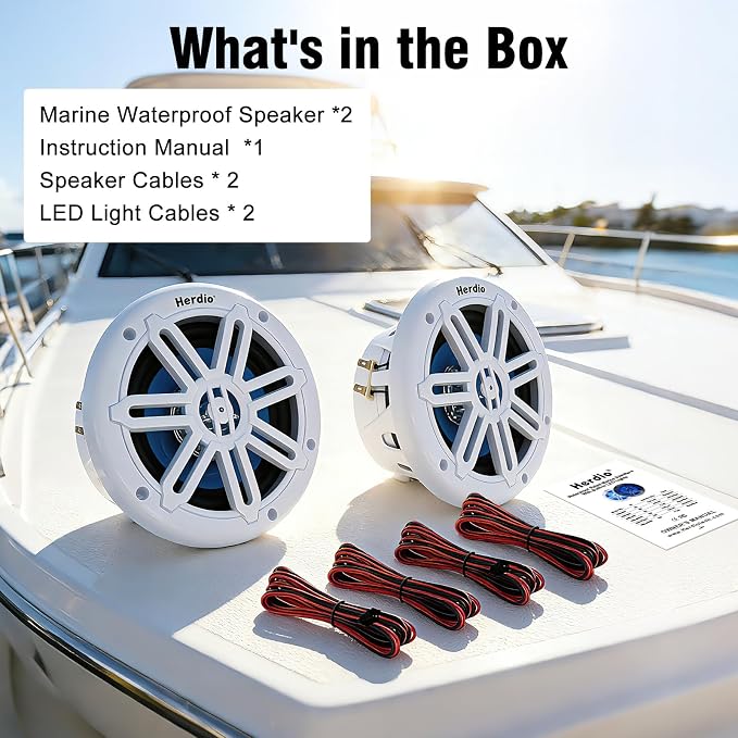 Herdio 8" 450W Marine Speakers - IP66 Waterproof Coaxial Audio, with Blue LED Light for Boats, ATVs, UTVs with UV Resistant White Grille (A Pair)