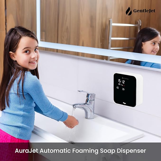 GentleJet AuraJet Automatic Foaming Soap Dispenser Wall Mount – Touchless Sensor, LED Display, 5 Foam Levels, Rechargable USB-C or Battery Powered, Aluminum Alloy, 480 ml Refillable