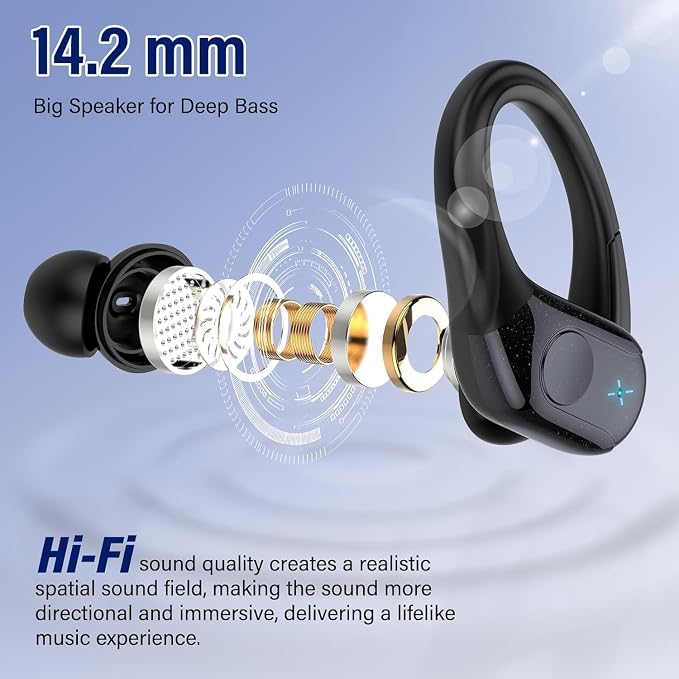 Qecnato Wireless Earbuds Bluetooth 5.4 Headphones 75H Stereo Deep Bass Sports Over Ear Buds with Earhooks, LED Display Bluetooth Earbuds with 4 ENC Mic, IP7 Waterproof Earphone for Running, Black
