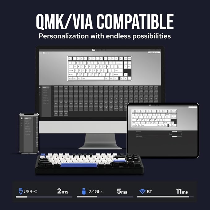 EPOMAKER TH85 QMK/VIA Wireless Gaming Keyboard, BT5.0/2.4GHz/USB-C, Hot Swappable Pre-lubed Custom Creamy Jade Linear Switches, Gasket Creamy Keyboard for PC/Mac/Office/Gaming (Black&White&Blue)