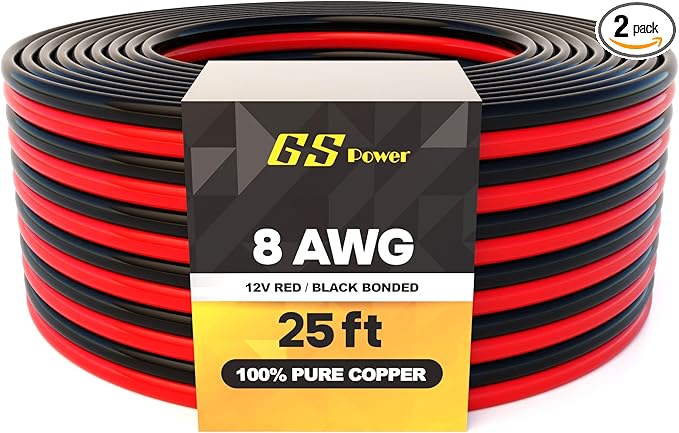 GS Power OFC Pure Copper 8 Gauge Wire 25ft Oxygen Free, 12v Primary Hi-Fi Speaker Cable, 8 AWG Wire for Amplifier, Solar Panel, Automotive, Battery Cable, Stereo, Car, Home Theater, RV Power