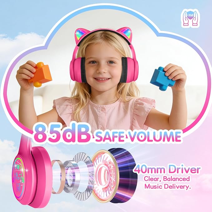 IFECCO Kids Wireless Headphones with Case - Cute LED Light Up Cat Ear,50H Playtime,Safe Volume Limited,Bluetooth 6.0 Kids Girls Headphones for School iPad Tablet Gifts