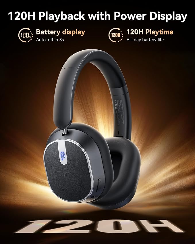 Hybrid Active Noise Cancelling Headphones, 120H Playtime Bluetooth Over Ear Headphones, Bluetooth 6.0 Wireless Headset with Display, 6 ENC Mic, Hi-Res Audio, Transparency Mode for Travel Game Black