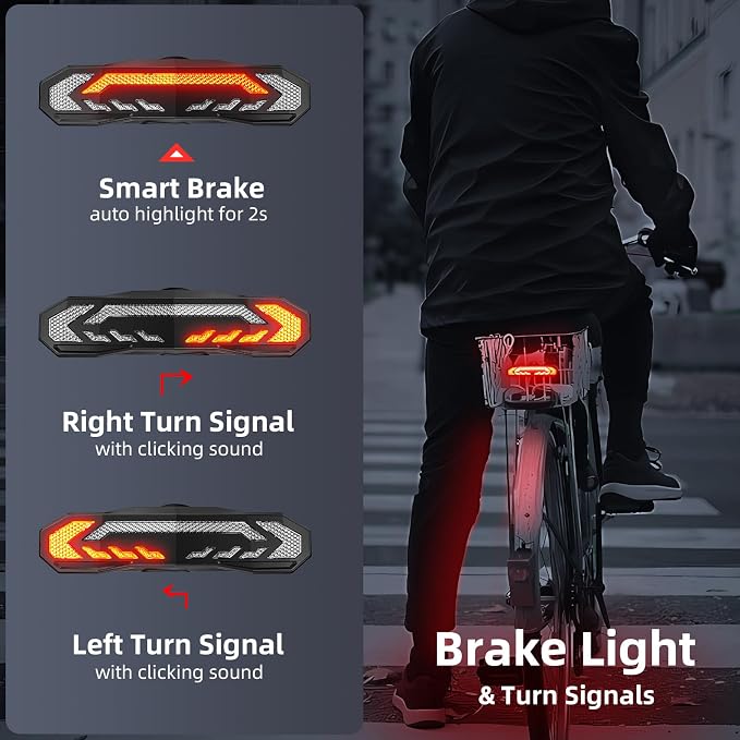 WSDCAM Smart Bike Seat/Bike Basket Tail Light with Turn Signals and Brake Light, Bike Alarm Horn with Remote, Rechargeable Rear Bike Light for Night Riding, Waterproof Bicycle Tail Light with Mount
