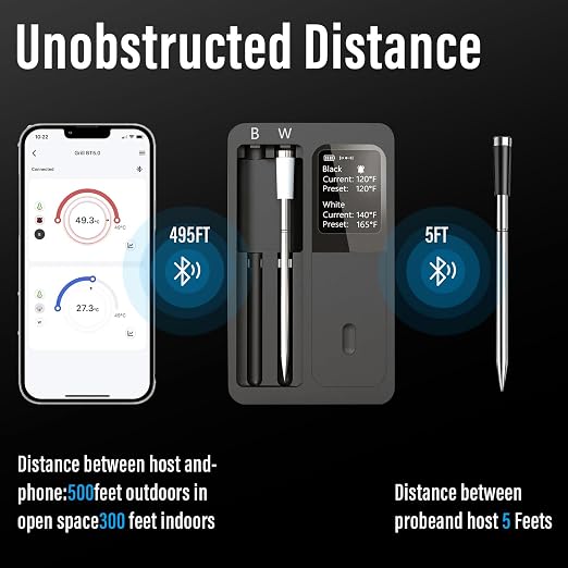 Bluetooth Smart Meat Thermometer – Wireless Digital Meat Thermometer with Dual Probes, App Control, Real-Time Temp Monitoring & Alerts for Grilling, Smoking, Oven, Kitchen & Outdoor