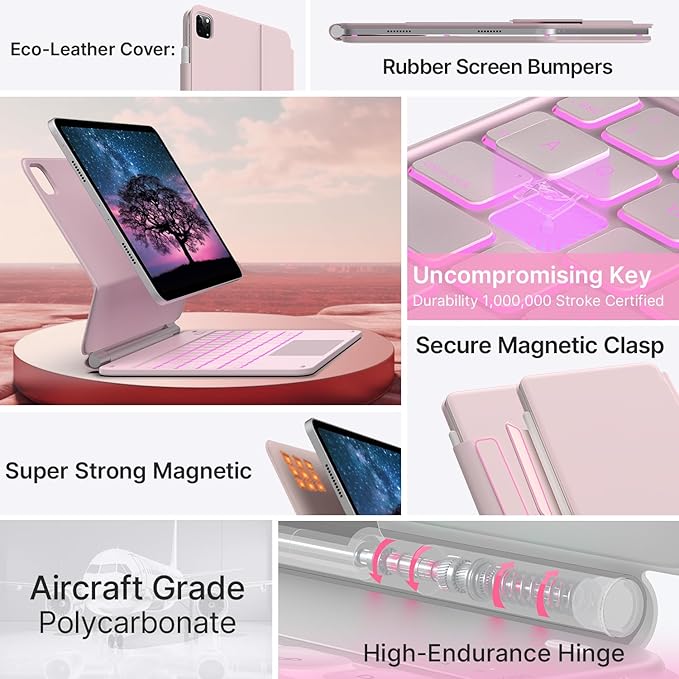 typecase Edge Keyboard Case for iPad Air 11-inch(M4/M3/M2, 2026/2025/2024), iPad Pro 11" (4th/3rd/2nd/1st Gen) & iPad Air 10.9" 5/4th Gen, Multi-Touch Trackpad, 11-Color Backlight, Pink