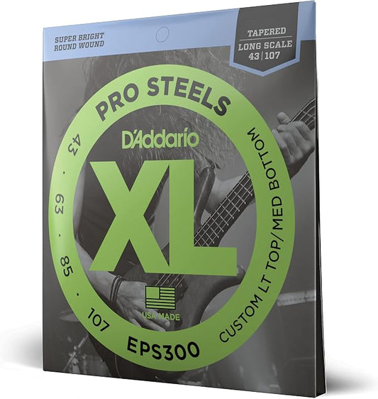 D'Addario XL ProSteels Bass Guitar Strings - EPS300 - Long Scale - Custom Light Top/Medium Bottom Tapered, 43-107