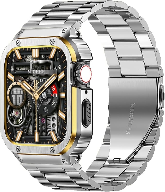 MioHHR Stainless Steel Band and Case Compatible with Apple Watch Band 45mm, Men Metal Protective Bumper Cover for iWatch Series 9/8/7, Silver/Gold