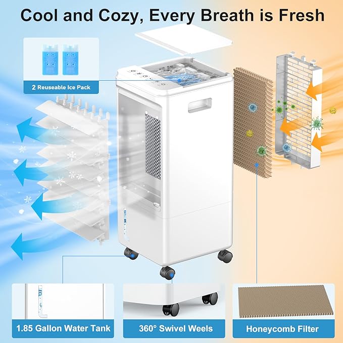 Versatile Evaporative Cooler - 3-Mode Portable AC Unit with Removable 2Gal Tank & Convenient Built-in Carrying Handle003