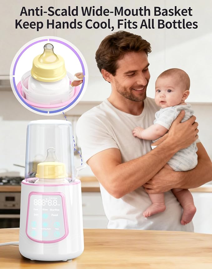 12 in 1 Fast Baby Bottle Warmer with Even Heating No Hot Spots, Night Mode, Sterili-zing,Constant Temp Milk Warmer for Breastmilk & Formula, Fits All Bottles Pink