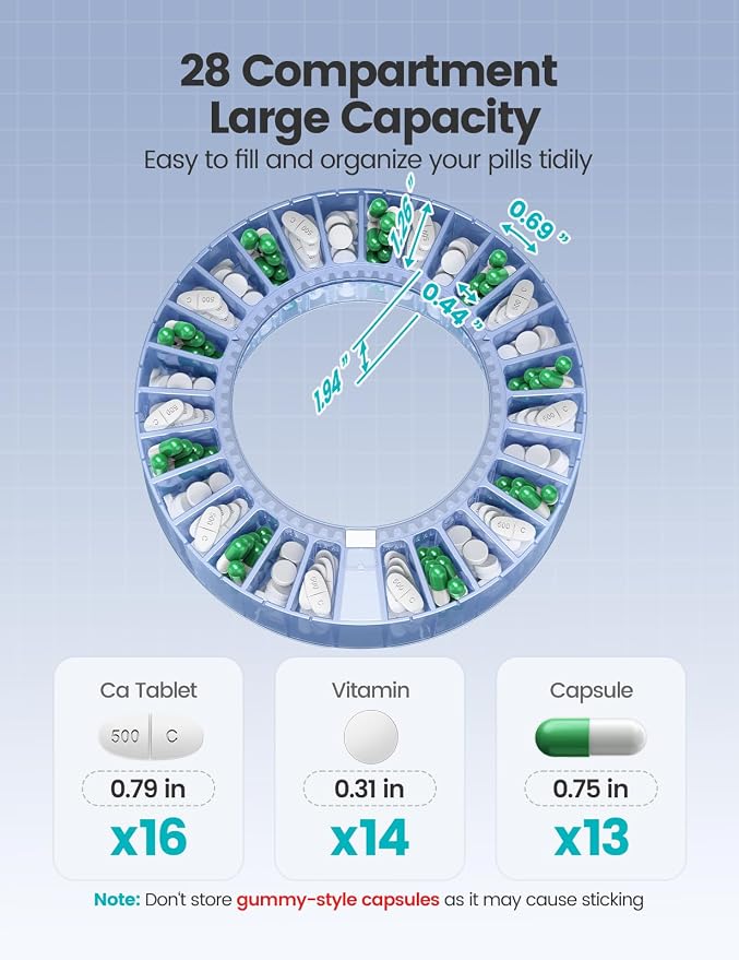 28-Day(1X) Automatic Pill Dispenser – One-Press Daily Dispense (No APP), Easy-to-Use Slide-Door Cup, Sound & Light Alerts, Moisture-Proof Dual Desiccants, Large Compartments for Tablets & Capsules