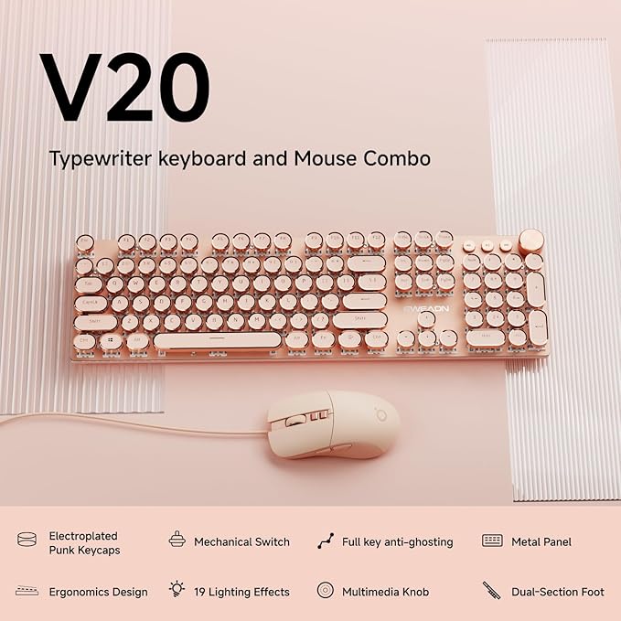 EWEADN Wired Typewriter Keyboard and Mouse Combo, Typewriter Style Mechanical Keyboard,104 Keys Backlit LED Keyboards, Media Control Knob, Wired Keyboard Pink Switch for Windows/PC-Pink
