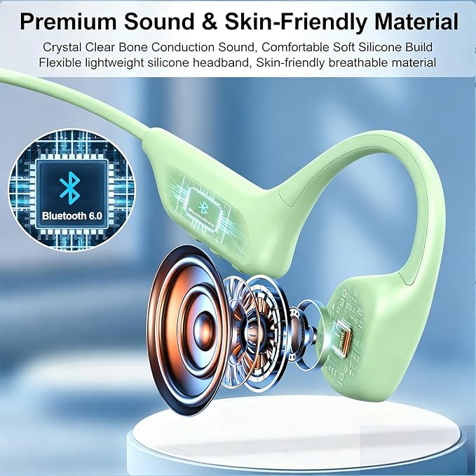 Swimming Headphones Underwater, Bone Conduction Swimming Headphones IPX8 Waterproof Open Ear Headphones with 32GB Built-in MP3, Bluetooth 6.0 Dual Mode, Dual Device Pairing, Magnetic Charging(Green