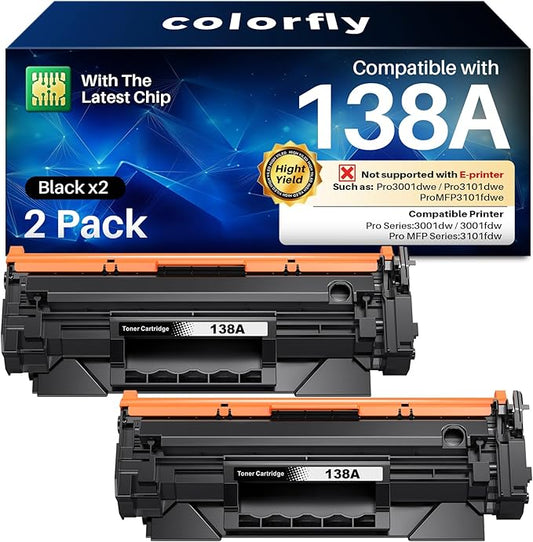 colorfly 138A Toner Cartridge [with Chip] Replacement for HP 138a Black LaserJet Toner Cartridge W1380A 138A Black Toner Work with HP Pro 3001dw Pro 3001fdw MFP 3101fdw Printers