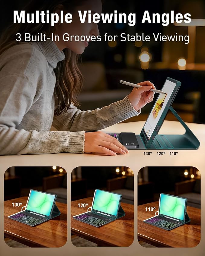 Keyboard Case for Samsung Galaxy Tab A11 Plus 11 Inch 2025/ A9+ Plus 2023 Tablet, Detachable Rainbow Backlit Wireless Keyboard and Mouse, Slim Stand Cover with S Pen Holder (Green)