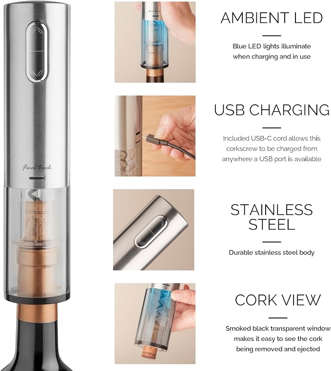 Final Touch Electric Corkscrew with Lithium-Ion Battery | Easy Cork Removal, USB Charging, LED Lights | Stainless Steel Wine Opener for Home and Parties (WO3032)