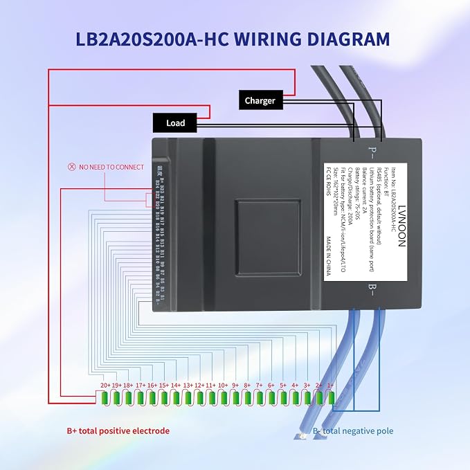 LB2A Smart Active Balancer BMS for Li-ion NCM LFP LiFePo4 LTO Battery Management System 7S 8S 10S 12S 15S 16S 20S 21S 24S 200A with APP Control 24V 48V 60V 72V (7-20S with Heat + CAN, 200A)