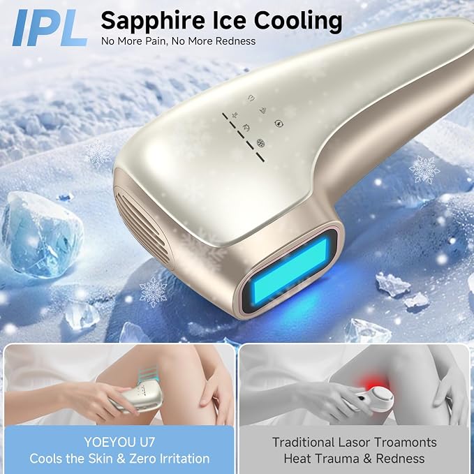 Painless IPL Laser Hair Removal for Women & Men, 39°F Sapphire Ice Cooling Technology, At-Home Laser Hair Removal Device for Face, Armpits, Legs, Bikini & Whole Body, Long-Lasting Results