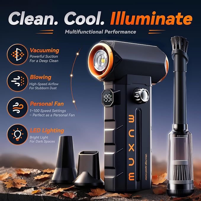 MUXNW Compressed Air Duster 130000RPM, Cordless Rechargeable Electric Air Duster & Vacuum 2-in-1, 100-Speed Display, 8000mAh Battery, USB-C Fast Charging, for PC, Home, Car Interior
