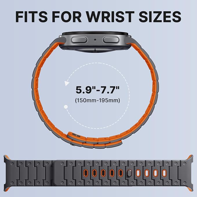 Bandletic Silicone Magnetic Band Compatible with Samsung Galaxy Watch 8 40mm 44mm / 8 Classic 46mm 2025, No Gap Soft Sport Wristbands Breathable Replacement Strap for Men Women, Space Gray/Orange