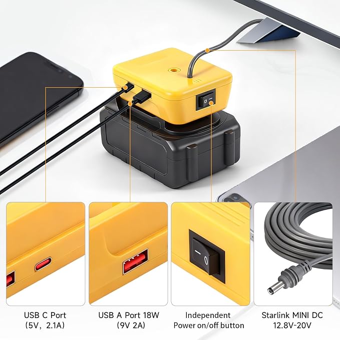 Starlink Mini Battery Adapter Compatible with DeWalt 18V-20V Battery, 9.84FT 18AWG Starlink DC Electronic Power Cord with Independent Button and Low Voltage Protection for Starlink mini Batteries