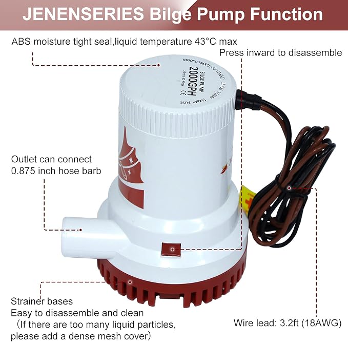 Submersible Boat 2000GPH Bilge Water Pump 12v DC water pump with float switch suitable for ferry, yacht, marine and garden drainage system (2000GPH)