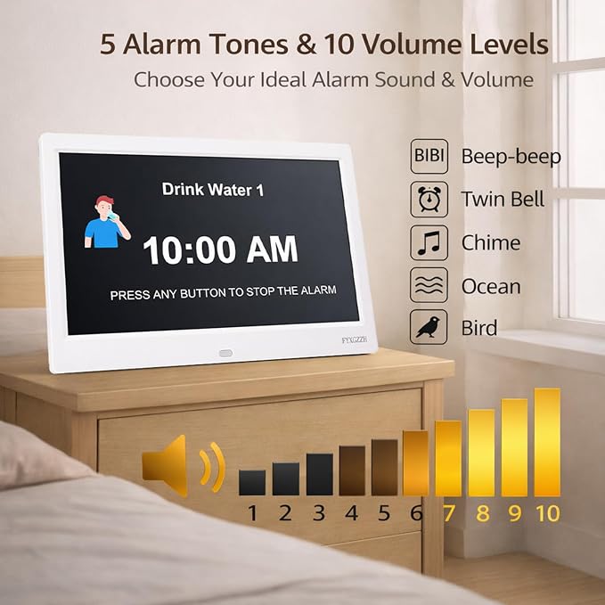 11.5'' Dementia Clocks for Seniors Extra Large, Senior Clocks with Day Date and Time, 20 Alarm Reminders, Easy-to-Read, Simple Setup, Plug-in, DST, White
