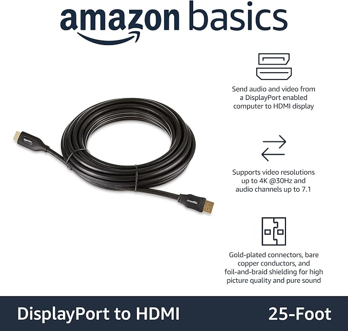 Amazon Basics DisplayPort to HDMI Cable, Video and Audio, Uni-Directional, 1920x1200, 1080p, Gold-Plated Plugs, 25 Foot, Black (Pack of 2)