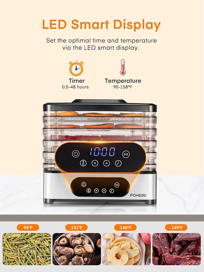 FOHERE Food Dehydrator, 5 BPA-Free Tray Dehydrators for Food and Jerky, Fruit, Herbs, Meat, Dog Treats, 48H Timer and 95-158°F Temperature Control, 400W Dehydrator Machine, 11.42" Stackable Trays