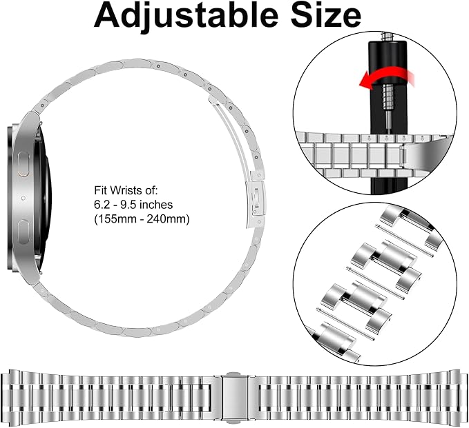 SUPLINK Compatible with Samsung Watch 4 5 6 7 40mm 44mm Band/Galaxy Watch 4 6 Classic Band 42mm 46mm 43mm 47mm/Galaxy Watch 5 Pro 45mm/Active 2, 20mm Metal Replacement Strap for Men Silver