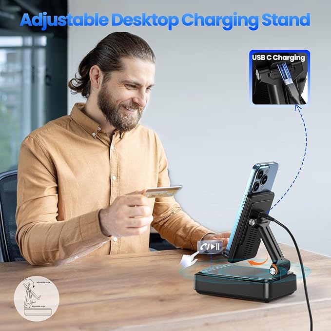 Jteman Cell Phone Stand with Bluetooth Speaker and Wireless Charger, Desktop Charging Station Stand Speaker for iPhone, Christmas Birthday Gift for Men Women (Black)