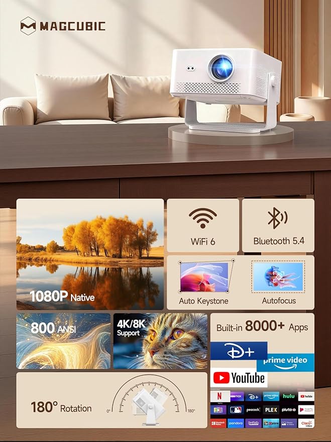 [Android 14 & 800ANSI] Magcubic Mini Projector 4K 8K Support, Smart Projector Native 1080P with WiFi 6, Bluetooth 5.4, Auto Focus, Auto Keystone, 180° Rotation, Portable Projetor for Bedroom HY450Max