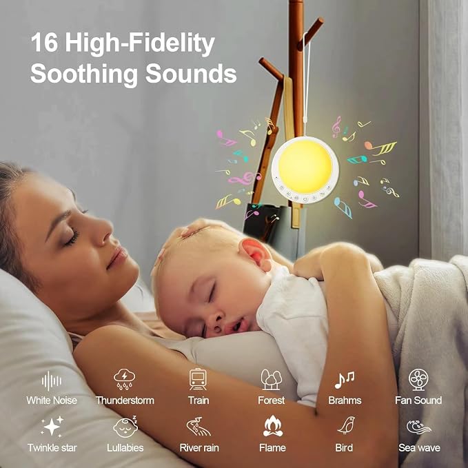 White Noise Machine for Baby,Portable Sound Machine with Nightlight,16 Soothing and Memory Function,Baby-Safe Clip& Child Lock,USB Rechargeable for Kids Adults