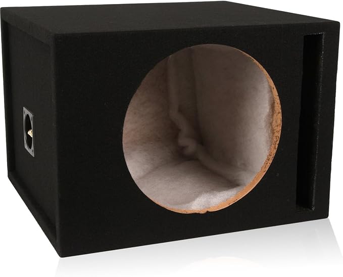 BELVA 1SV12B Single 12” Vented Subwoofer Enclosure – 3/4” MDF Car Sub Box with 1.8 cu ft, Polyfil Lining, Durable Carpet, Gold Terminals, Tuned to 36Hz