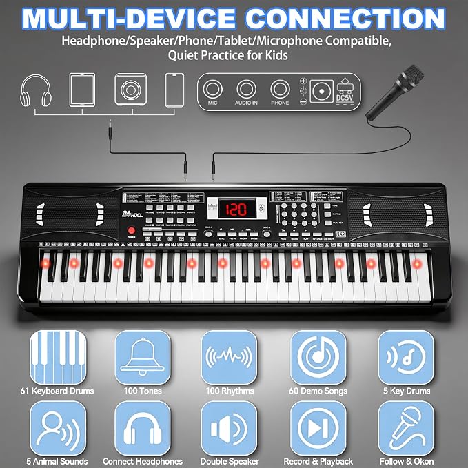 Keyboard Piano 61 Lighted Keys, Electric Keyboard Kit with 100 Voices, 100 Rhythms - Built-In Speaker, Microphone, Sheet Stand and Power Supply, Gift for Children Beginners [Black, Piano with Stand]