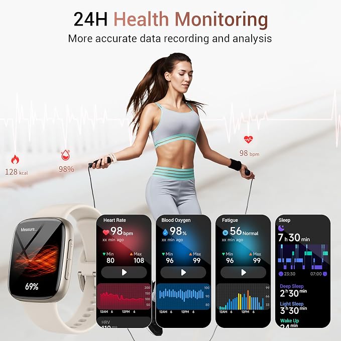 Tensky Smart Watch for Men/Women iPhone & Android, 1.85" AMOLED Screen Fitness Tracker with Bluetooth Call, 3ATM Waterproof 24/7 Heart Rate/Sleep/SpO2 Monitor, Pedometer, 120+ Sport Modes, White