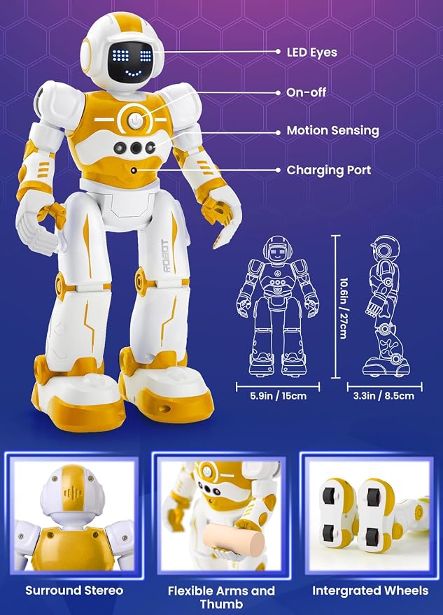 Robot Toys for Kids,Programmable Remote Control Smart Walking Dancing Robot Toy with Gesture & Sensing for Age 4 5 6 7 8 9 10 Year Old Boys Girls for Birthday Present,Yellow