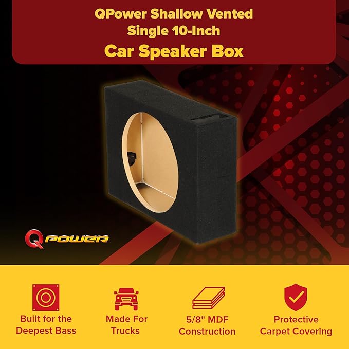 QPower Single 10-Inch Vented Subwoofer Box, Features 0.53 Cubic Feet of Airspace, Solid 5/8-Inch MDF Construction