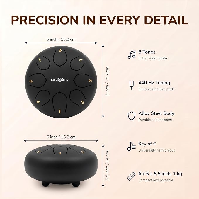 Balmy Drum Steel Tongue Drum 6 inch 8 Notes 440Hz, Handpan Drum with Music Book, Mallets, Carry Bag, Finger Picks, Rain Drum for Outdoor, Meditation Yoga Calming Instruments for Adults Kids (Black)
