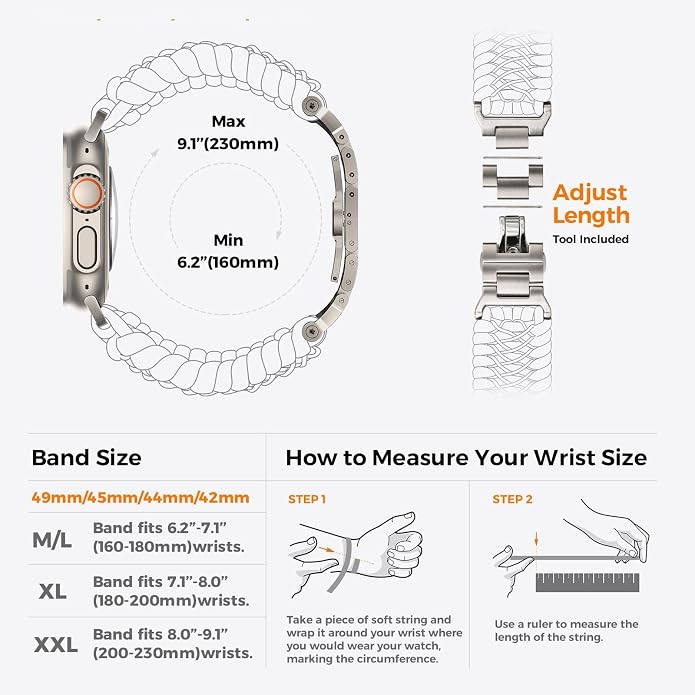 Tefeca Titan Series Paracord Band Compatible with Apple Watch Ultra 2/49mm, Series 10/46mm, 9/8/7/45mm, SE2/SE/6/5/4/44mm, and 3/2/1/42mm