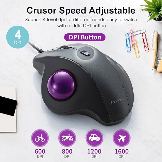 SANWA Wired Trackball Mouse, Silent & Programmable Buttons, Ergonomic Roller Ball to Reduce Wrist Strain, Thumb Control, USB-C & USB-A Port, 600-1600 DPI, Compatible with Win, Mac, PC, Laptop, Purple