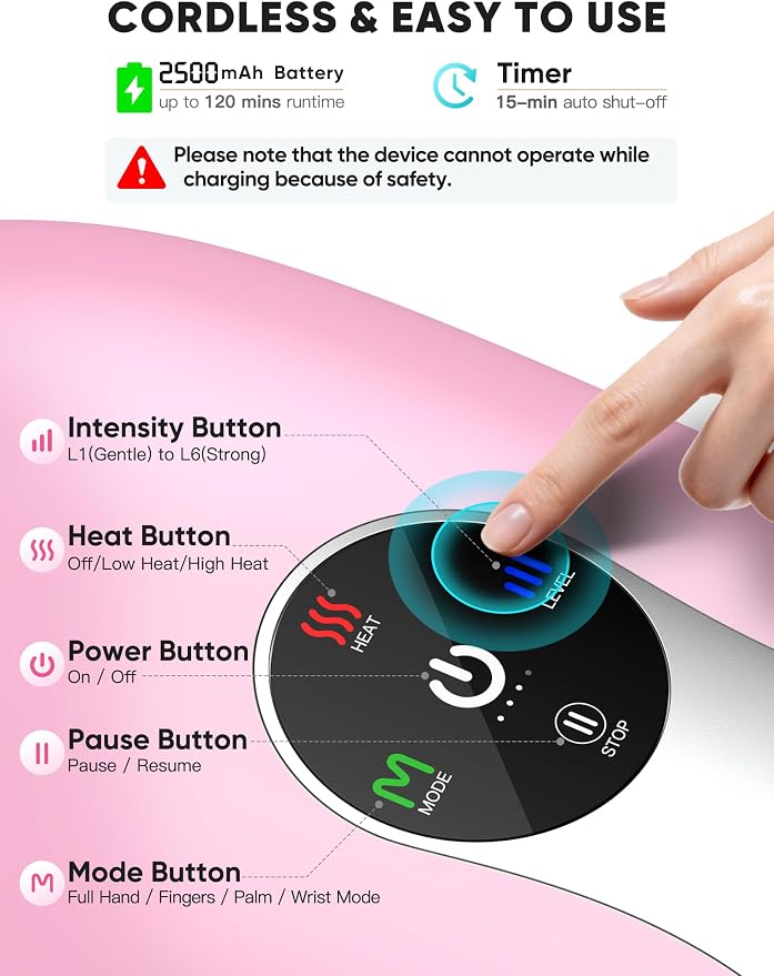 JZBRAIN Hand Massager with Heat and Compression : Cordless Heated Hand and Wrist Massager for Palm, Fingers, and Comfort Relief – 4 Modes 6 Intensities, Portable Rechargeable, Wife Husband (Pink)