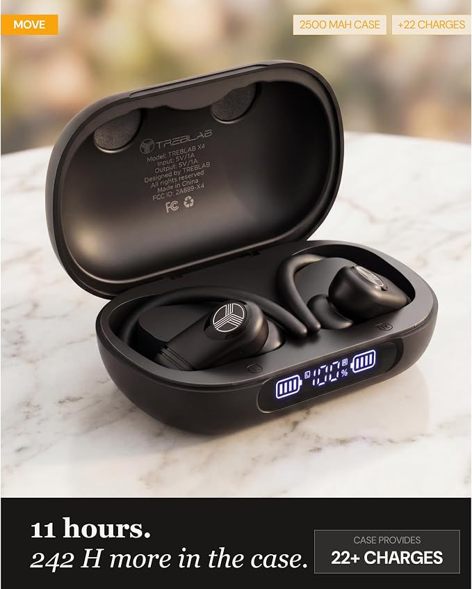 TREBLAB X4 Over the Ear Earbuds Wireless Bluetooth, 11H, IPX5 | Bluetooth Headphones Waterproof IPX5, 2500mAh Powerbank Case, Wireless Charging, Gaming Mode 60ms, ENC Mic, Sport Hook Fit