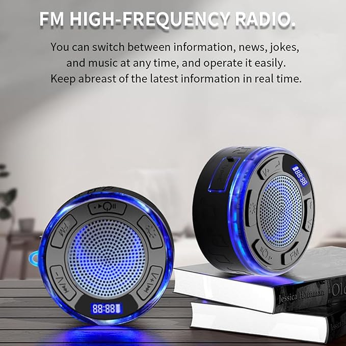 IPX7 Waterproof Shower Speaker with Colorful RGB Lights & LED Display, Detachable Suction Cup, 360° Balanced Sound - Perfect for Bath, Pool, Party & Outdoor (Black)