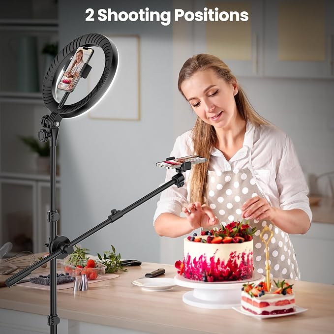 LUXSURE Ring Light with 62'' Tripod Stand for Video Recording, 10.5'' Ring Light Tripod for iPhone with 2 Shooting Positions, Overhead Phone Mount for YouTube, Makeup, Cooking