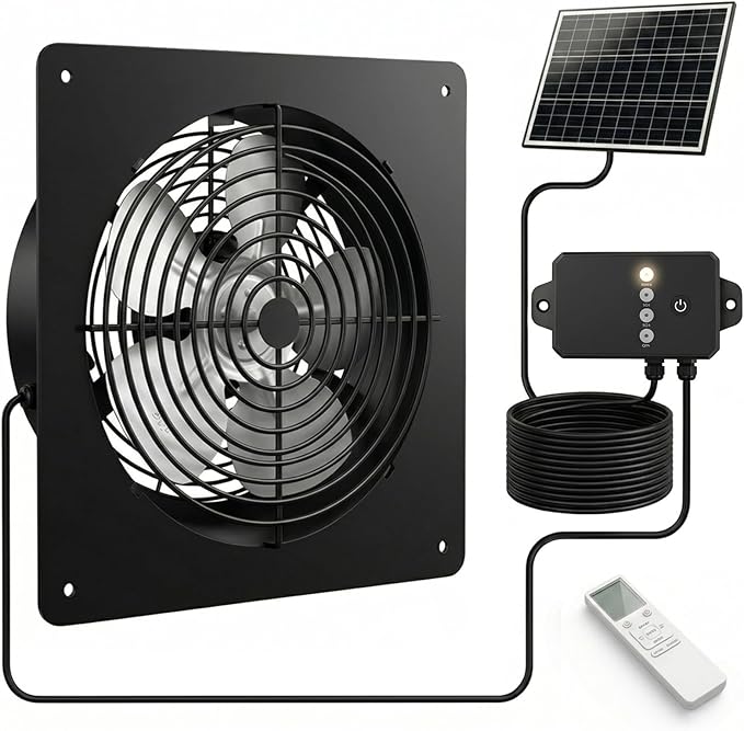 Solar Powered Fan with Battery Backup, 15W Monocrystalline Panel, 12V 4000mAh Control Box, Remote Control, 3 Modes, Adjustable Speed Ventilation Fan for Chicken Coop, Greenhouse, Shed, Attic