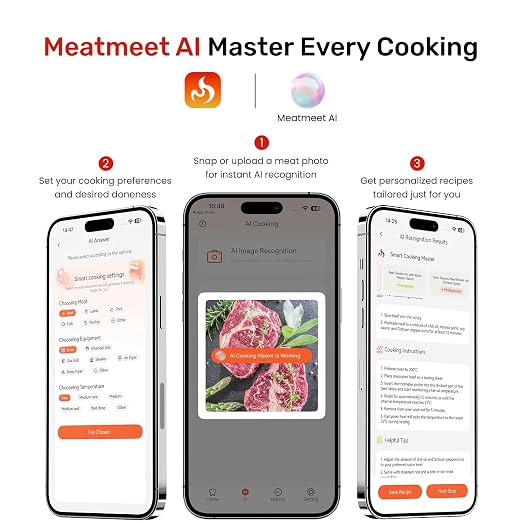 Wireless Bluetooth Meat Thermometer Digital, Smart AI Powered Cooking Thermomer with APP Control, IP69 Waterproof Meat Probe for BBQ, Oven, Grill, Smoker (S Pro)